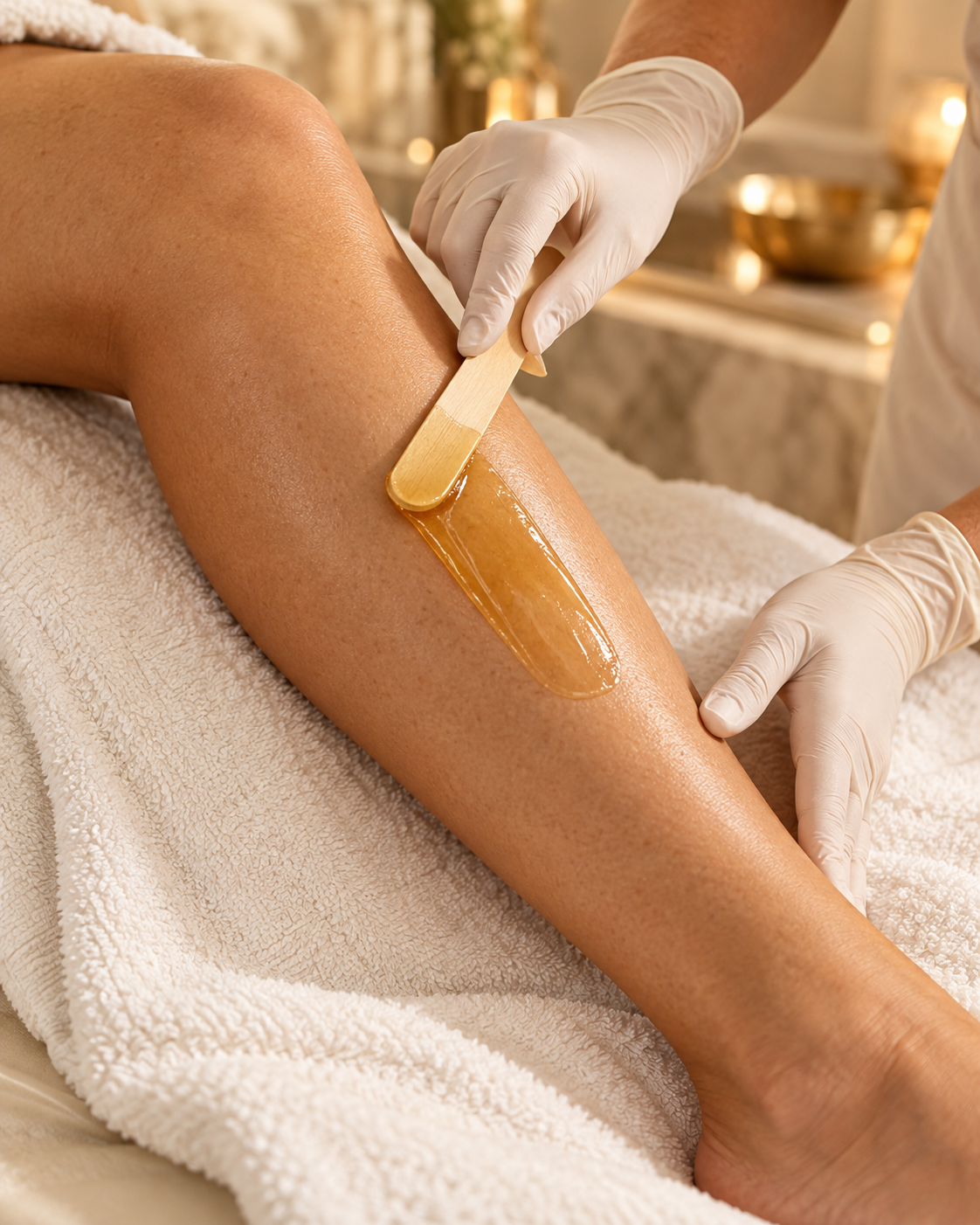 Illustration of a premium waxing treatment: gloved hands applying honey-gold wax to a lower leg on soft ivory towels