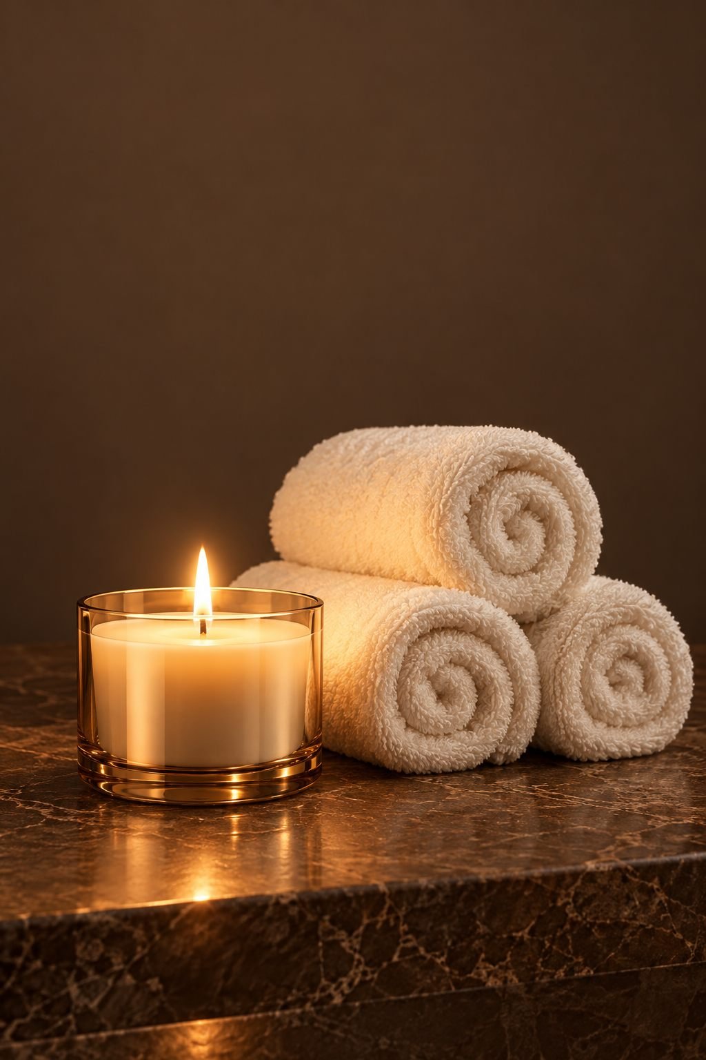 A softly glowing gold candle beside neatly rolled ivory spa towels