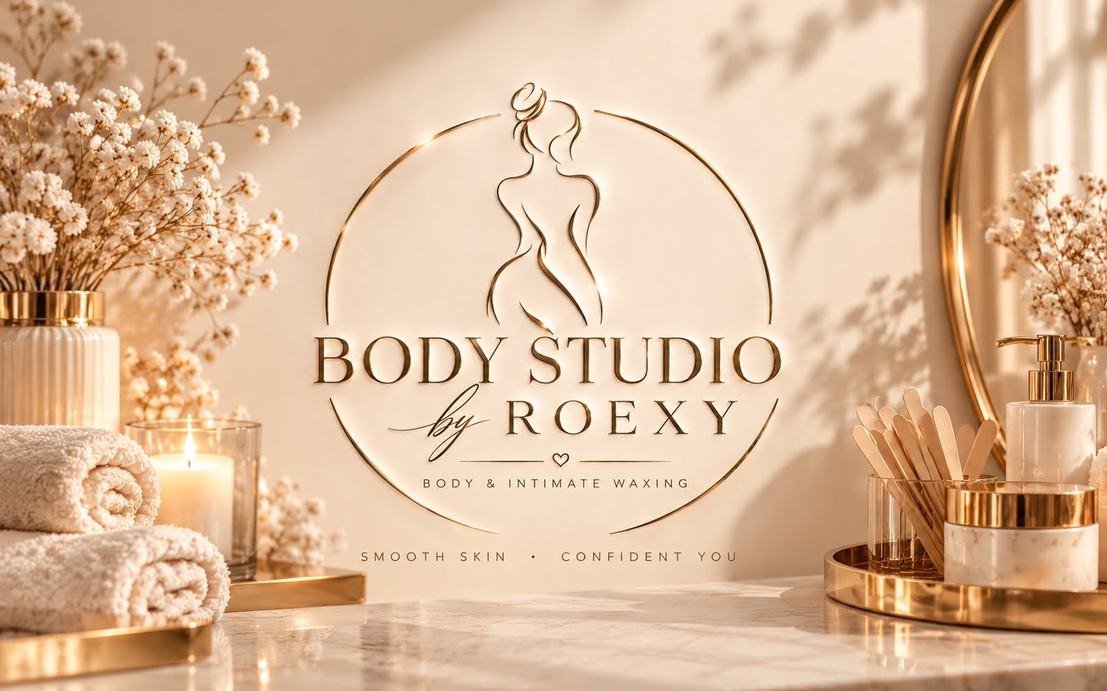 Body Studio by Roexy branding with warm gold details, soft towels and candlelight